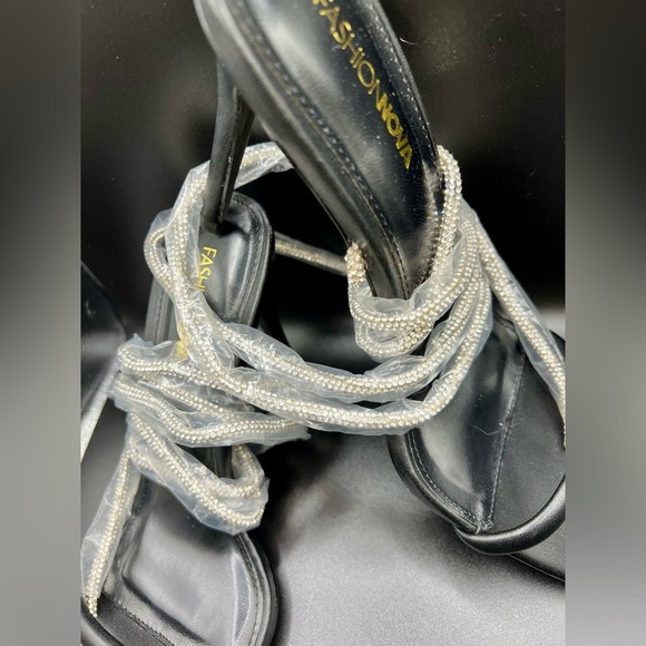 NIB Fashion Nova Black Stiletto Heels w/ Square Toe & Crystal Embellished Straps - Picture 12 of 16